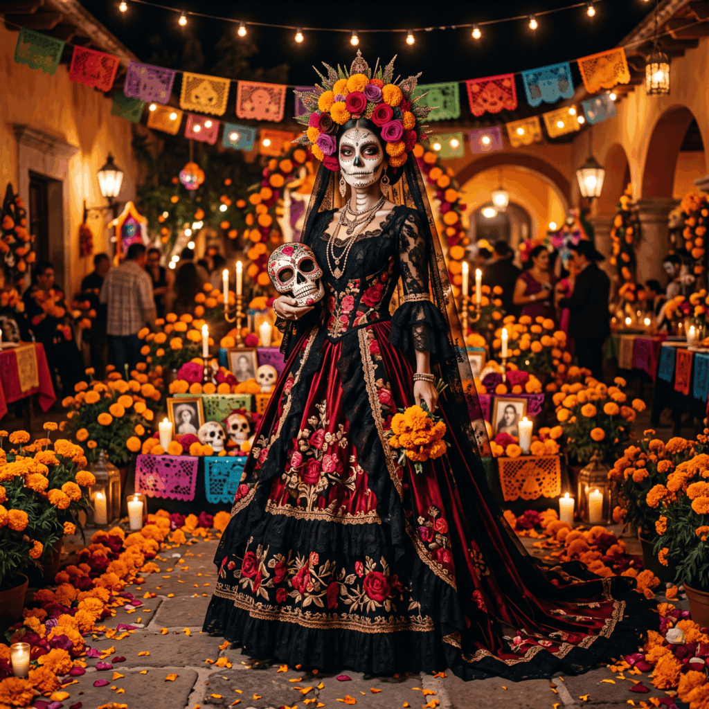 Une Catrina, un Catrín et deux enfants portent des costumes Día de los Muertos coordonnés, avec maquillages calavera, fleurs colorées et accessoires assortis dans une ambiance festive.