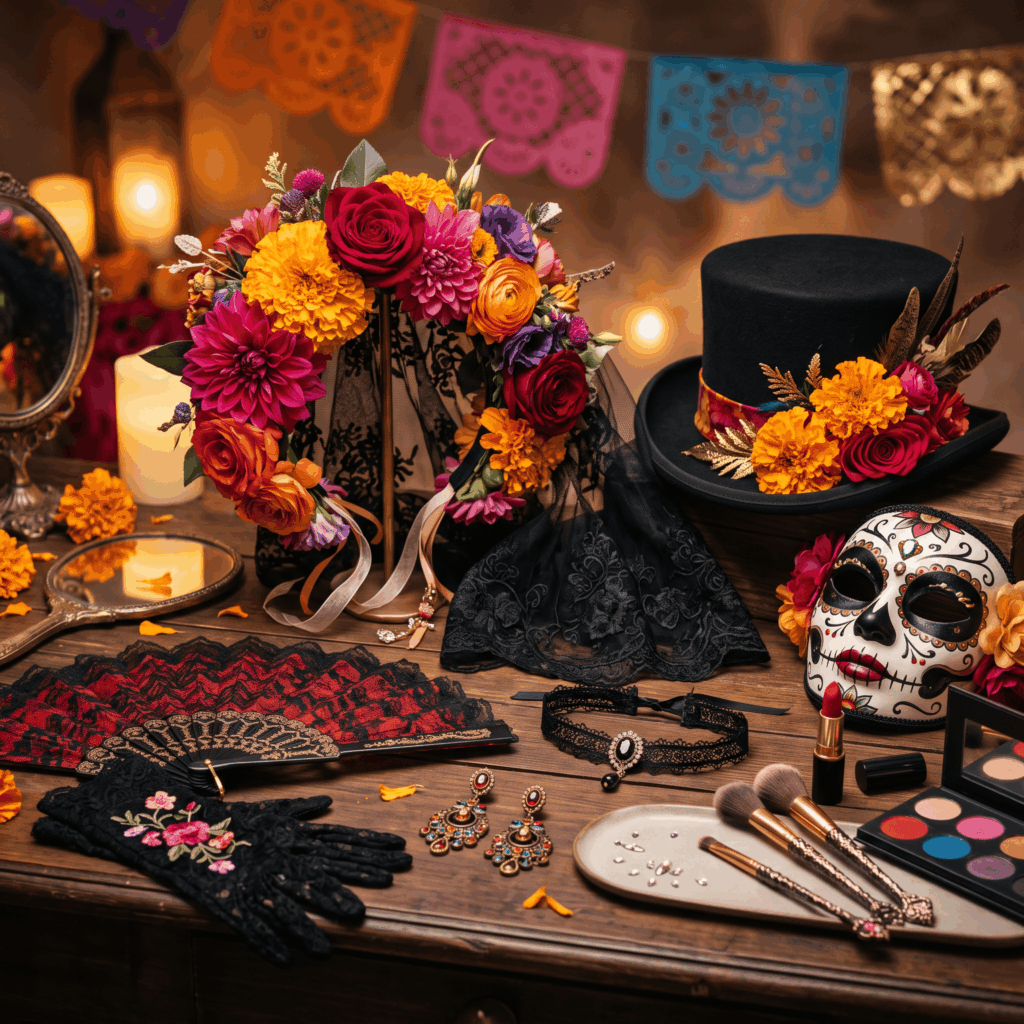 Une couronne de fleurs, un chapeau décoré, un masque calavera, un éventail, des gants, des bijoux et du maquillage sont disposés sur une coiffeuse colorée.