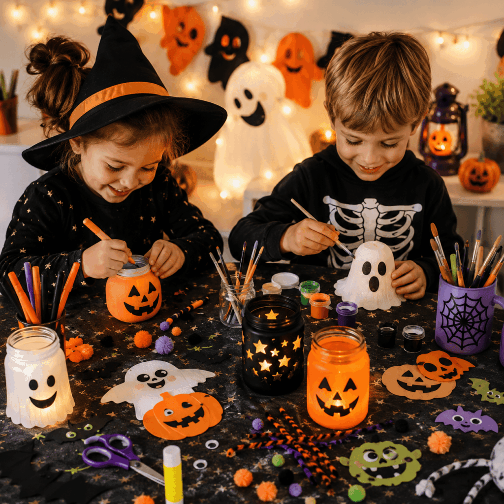 Deux enfants fabriquent des décorations Halloween avec photophores citrouille, fantôme à peindre, papiers colorés, pinceaux, gommettes, guirlande lumineuse et petits accessoires dans une ambiance joyeuse et rassurante.