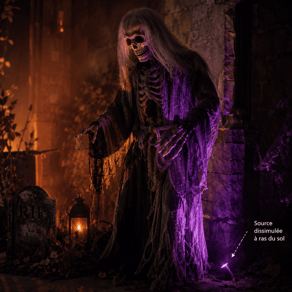 Automate Halloween représentant un squelette en robe sombre, éclairé de côté par une lumière violette placée près du sol et dissimulée dans le décor, avec une lanterne orange, une pierre tombale et une ambiance de maison hantée.