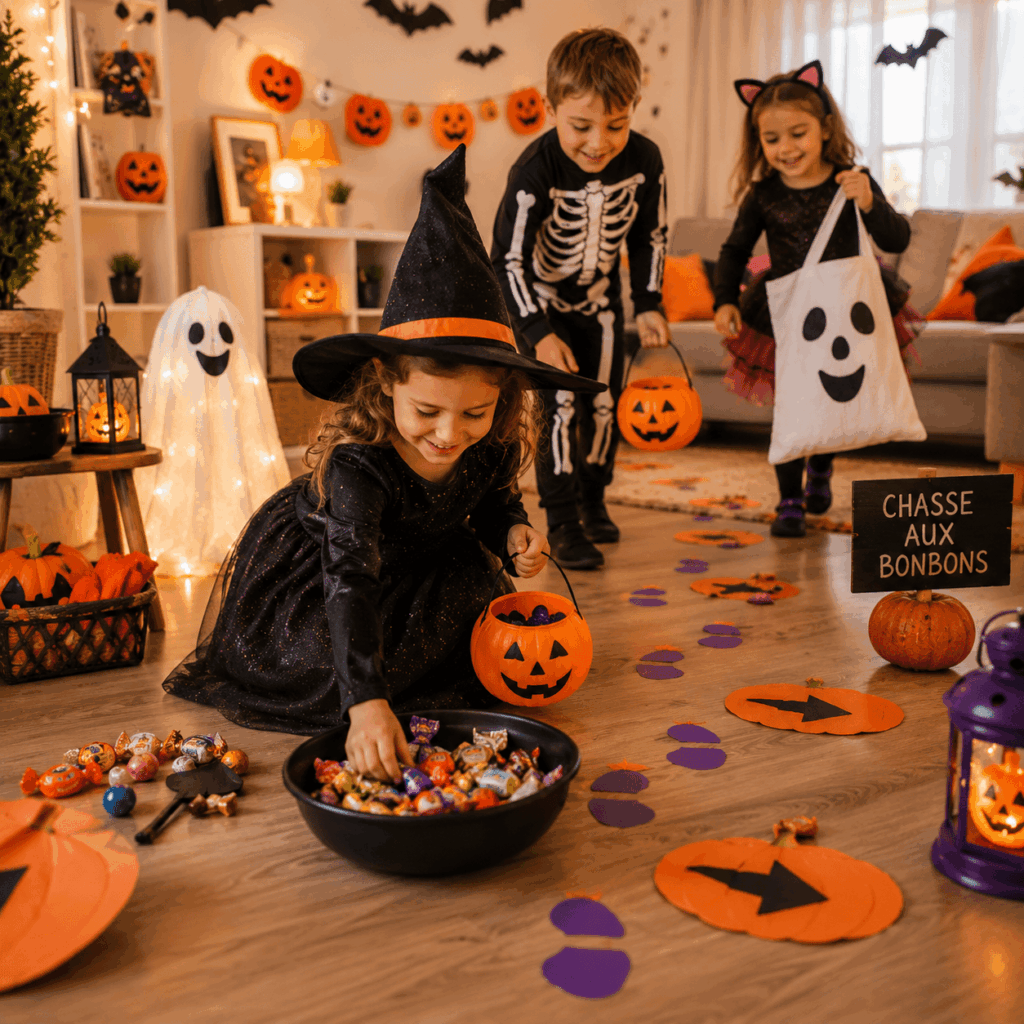 Enfants déguisés en sorcière, squelette et petit chat participent à une chasse aux bonbons Halloween dans un salon décoré avec citrouilles, fantômes lumineux, lanternes, guirlandes et petits accessoires colorés.