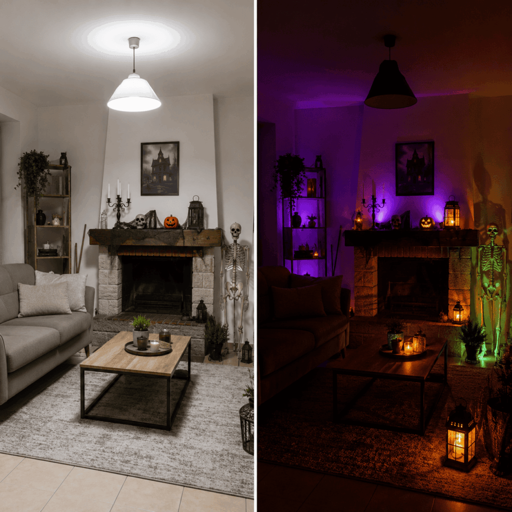 Le même salon décoré pour Halloween est présenté en deux versions : à gauche, un plafonnier blanc éclaire uniformément la pièce ; à droite, plusieurs sources lumineuses orange, violettes et vertes créent des ombres, mettent en valeur les citrouilles et le squelette et renforcent l’ambiance de maison hantée.