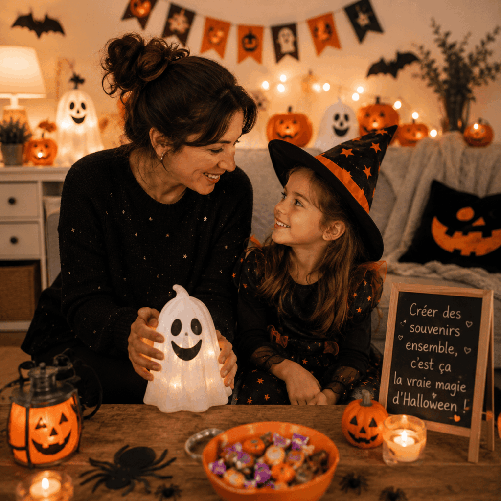 Parent et enfant partagent un moment tendre devant une décoration Halloween joyeuse avec fantôme lumineux, citrouilles, bonbons, guirlandes, bougies LED et ambiance familiale chaleureuse.