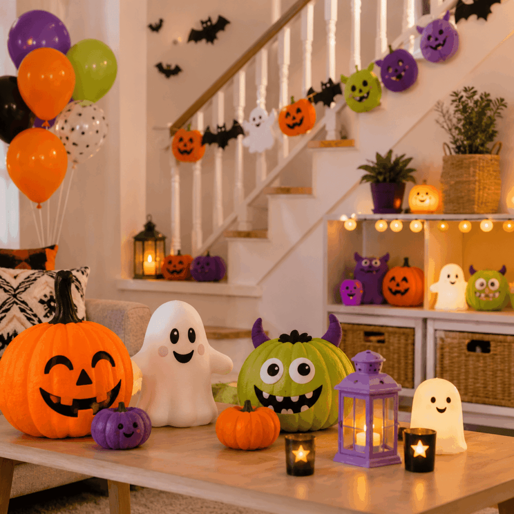 Salon décoré pour un Halloween enfant joyeux avec citrouilles souriantes, fantômes lumineux, monstres rigolos, ballons orange, violets et verts, guirlande festive et lanternes LED dans une ambiance douce et amusante.
