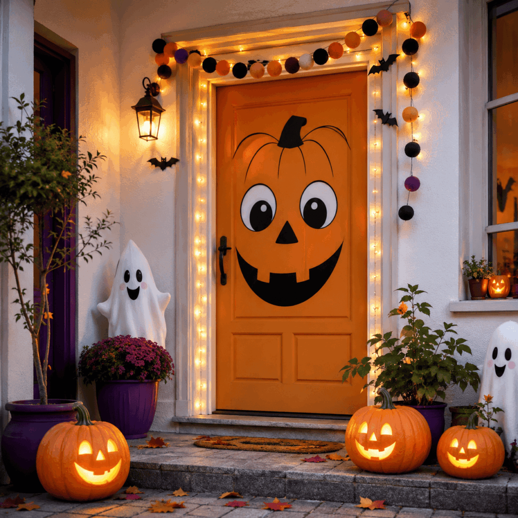 Porte d’entrée décorée en citrouille souriante pour Halloween avec guirlande lumineuse, ballons orange et violets, petits fantômes, chauves-souris et citrouilles lumineuses dans une ambiance joyeuse pour enfants.