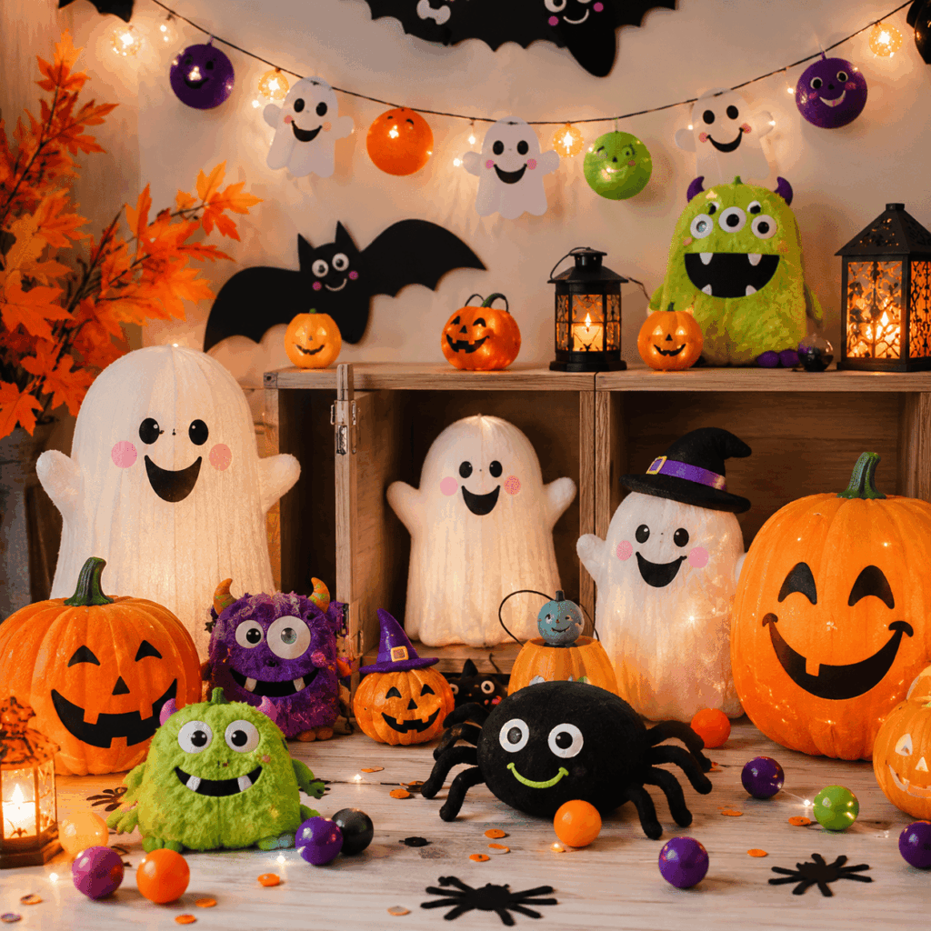Décoration Halloween enfant joyeuse avec fantômes lumineux souriants, citrouilles mignonnes, monstres rigolos, araignée amusante, guirlande colorée et lanternes LED dans une ambiance douce et festive.