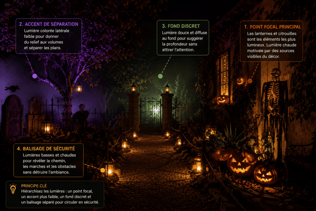 Jardin décoré pour Halloween avec un petit cimetière éclairé en violet, des lanternes et citrouilles lumineuses en orange, un fond discret verdâtre et un chemin central balisé par des lumières basses pour permettre une circulation sûre.