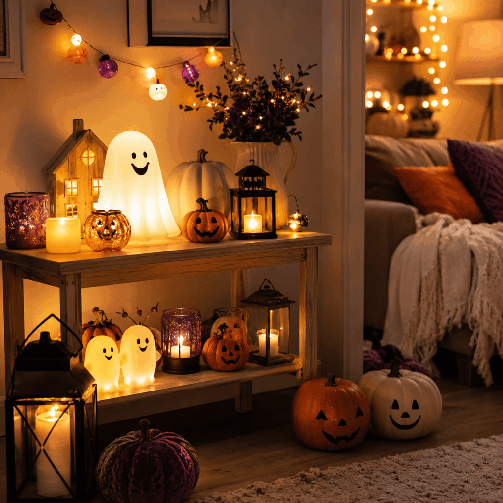 Décoration Halloween enfant avec fantômes lumineux, citrouilles souriantes, lanternes, guirlandes lumineuses et bougies LED pour créer une ambiance magique, douce et rassurante sans frayeur.