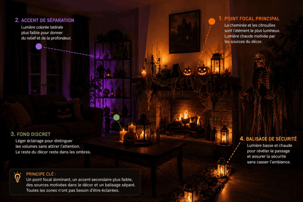 Salon décoré pour Halloween avec une cheminée et des citrouilles comme point focal principal éclairé en orange, un accent violet plus faible sur le côté pour créer du relief, un fond volontairement sombre et des lanternes basses qui balisent le passage sans casser l’ambiance.