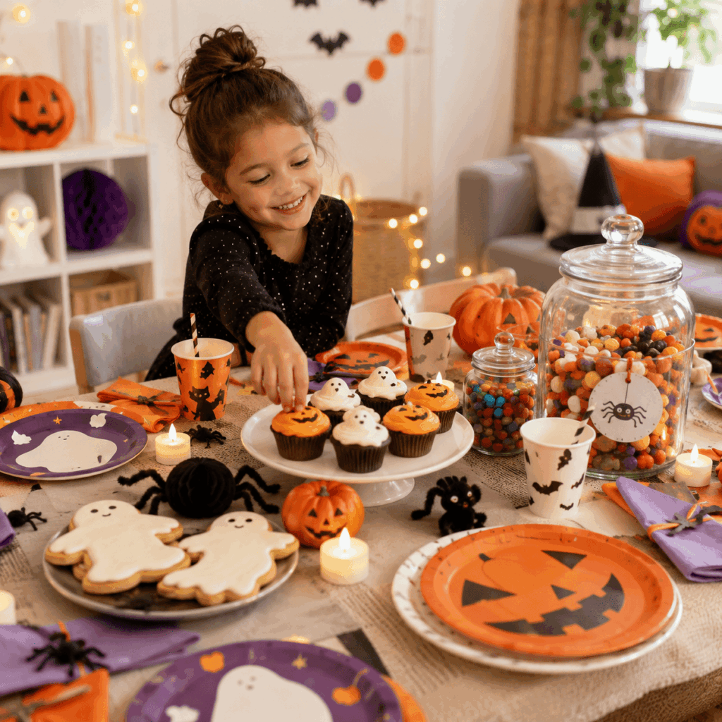 Table de goûter Halloween pour enfants avec assiettes citrouille, gobelets décorés, cupcakes fantômes, biscuits, bocaux de bonbons, citrouilles, fausses araignées, bougies LED et ambiance joyeuse.