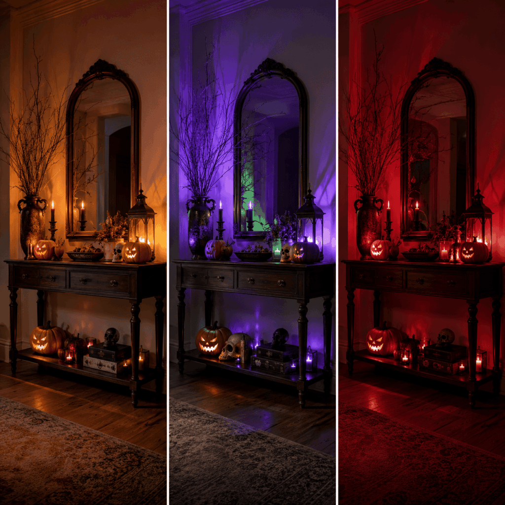 Le même meuble décoré pour Halloween est présenté en trois ambiances lumineuses : à gauche, une lumière orange chaleureuse et familiale ; au centre, un éclairage violet avec une touche de vert pour une atmosphère surnaturelle ; à droite, une lumière rouge intense pour un décor plus gothique et inquiétant.