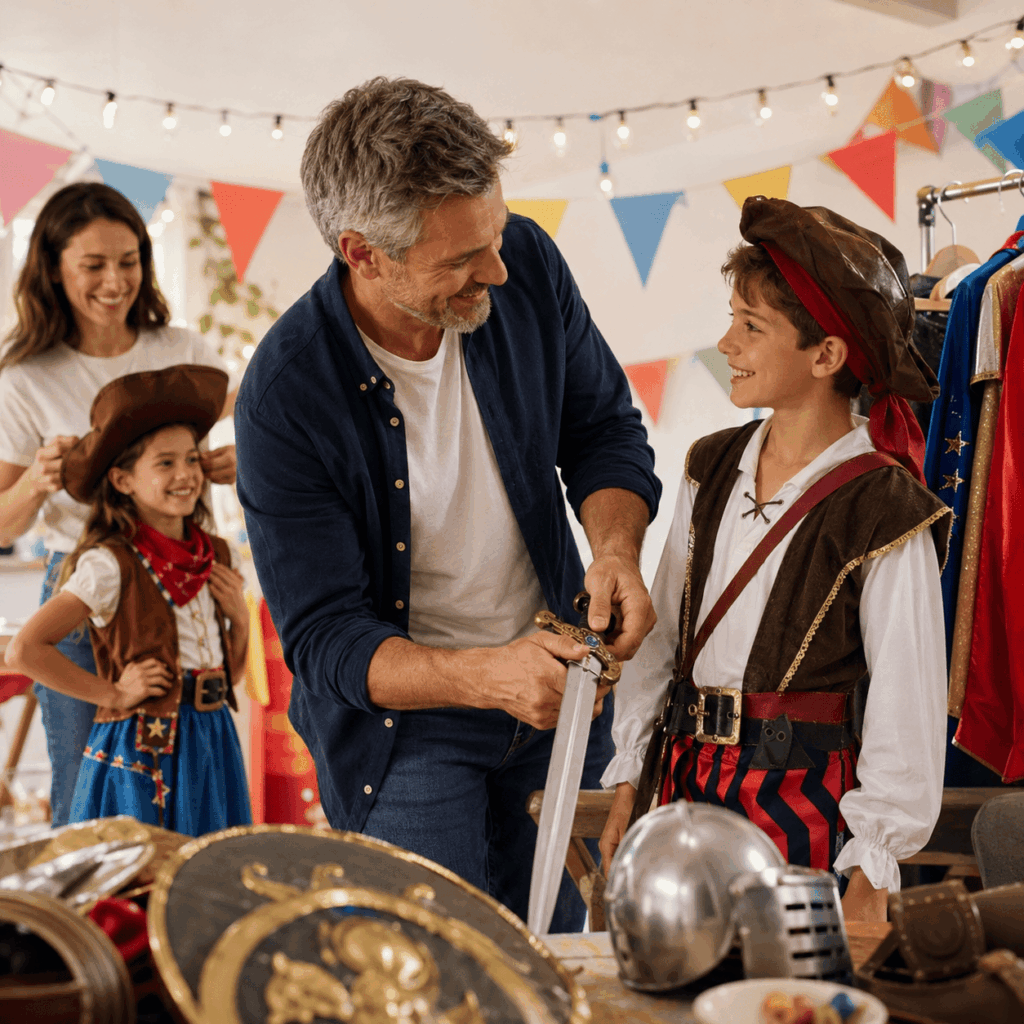 Adulte vérifiant un accessoire factice de déguisement léger, avec costumes de pirate, chevalier et cowgirl dans une ambiance de préparation festive.
