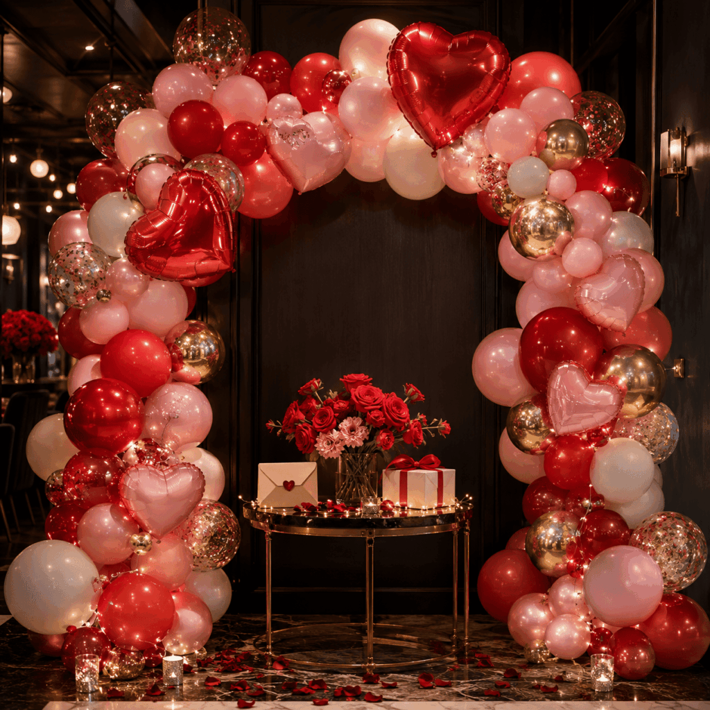 Décoration Saint-Valentin chic avec une grande arche de ballons rouges, roses, blancs, dorés et transparents, plusieurs ballons cœur métallisés, une console décorée de fleurs, cadeau, enveloppe, pétales de rose et lumières chaudes pour une ambiance romantique et festive.