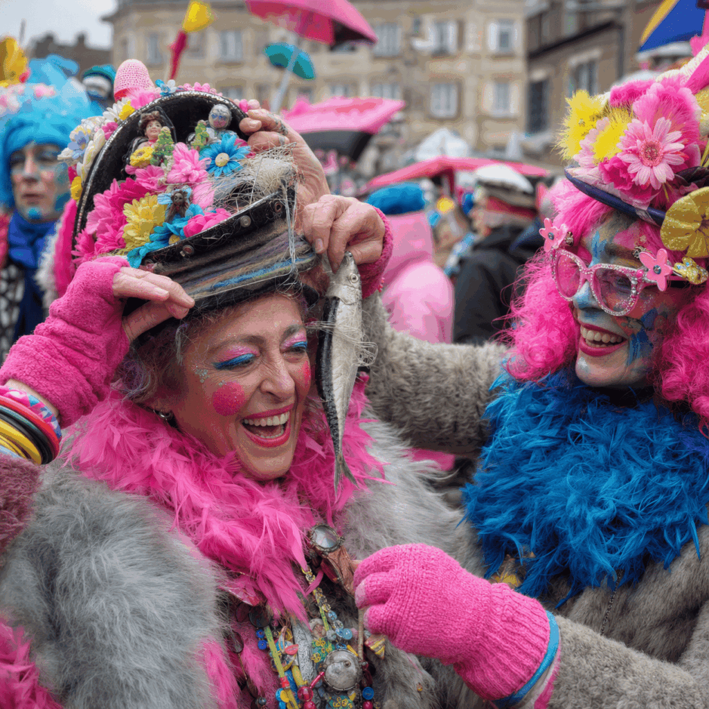 Un carnavaleux rit en retirant un hareng emballé resté accroché à son chapeau décoré, accompagné d’un ami dans une rue festive inspirée du Carnaval de Dunkerque.