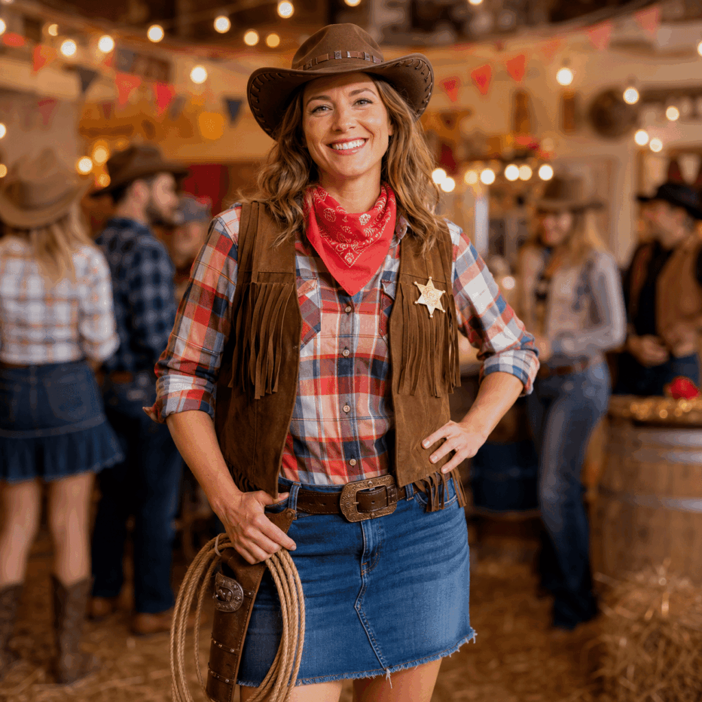 Femme déguisée en cowgirl avec chapeau, foulard, étoile de shérif et accessoires western factices dans une ambiance de fête costumée.