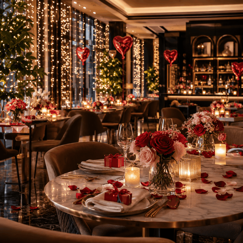 Ambiance romantique dans un restaurant décoré pour la Saint-Valentin, avec tables élégantes, bouquets de roses rouges et roses poudrées, bougies LED, pétales de rose, petits cadeaux, guirlandes lumineuses chaudes et ballons cœur discrets pour créer une expérience client raffinée.