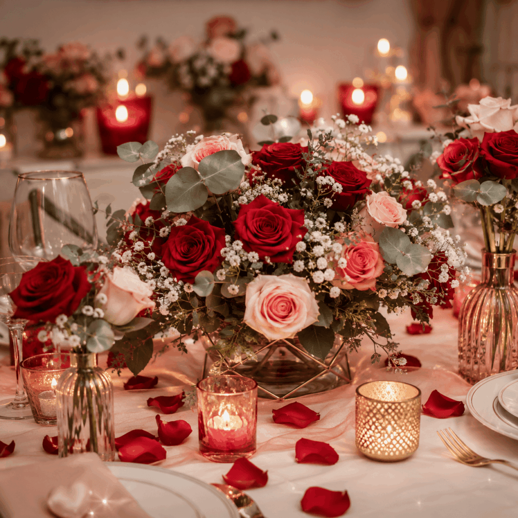 Centre de table floral pour la Saint-Valentin avec roses rouges et roses poudrées, gypsophile, eucalyptus, pétales de rose et bougies dans une ambiance romantique et élégante.