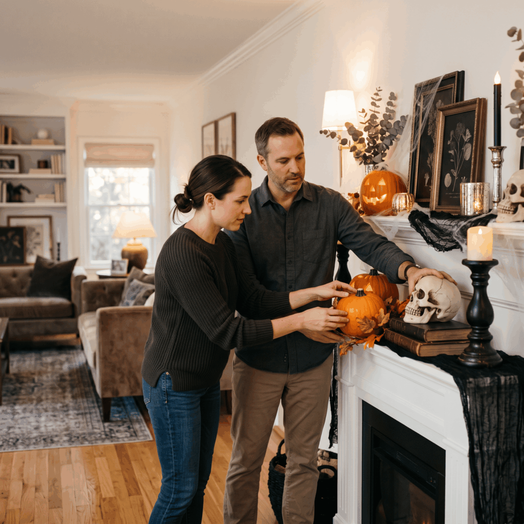 Un homme et une femme terminent la décoration d’un salon pour Halloween en créant une scène centrale autour d’une cheminée ou d’un meuble, avec citrouilles lumineuses, bougies LED, toile d’araignée fine et objets sombres, dans une ambiance réaliste et chaleureuse.