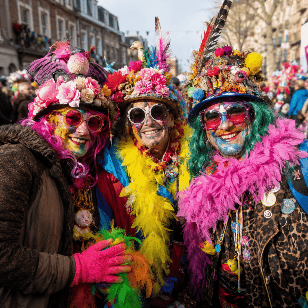 Trois carnavaleux portent des perruques extravagantes, chapeaux décorés, lunettes géantes et maquillage coloré pour composer leur clet’che.