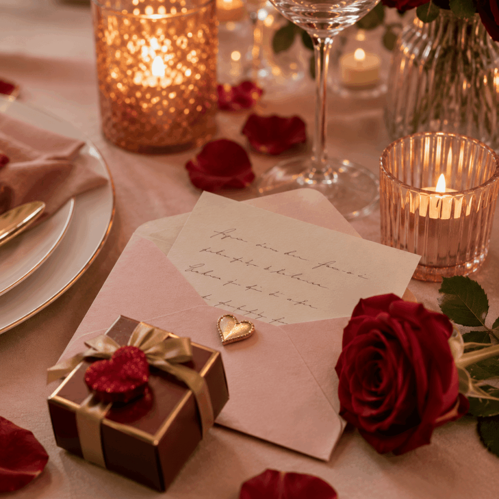 Enveloppe rose avec petit mot d’amour posée sur une table romantique de Saint-Valentin, accompagnée d’une rose rouge, d’un cadeau, de pétales et de bougies dans une ambiance chaleureuse.