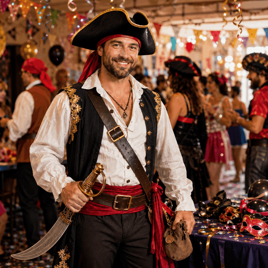 Adulte déguisé en pirate avec un sabre décoratif factice tenu vers le bas, dans une ambiance de fête costumée chaleureuse et festive.