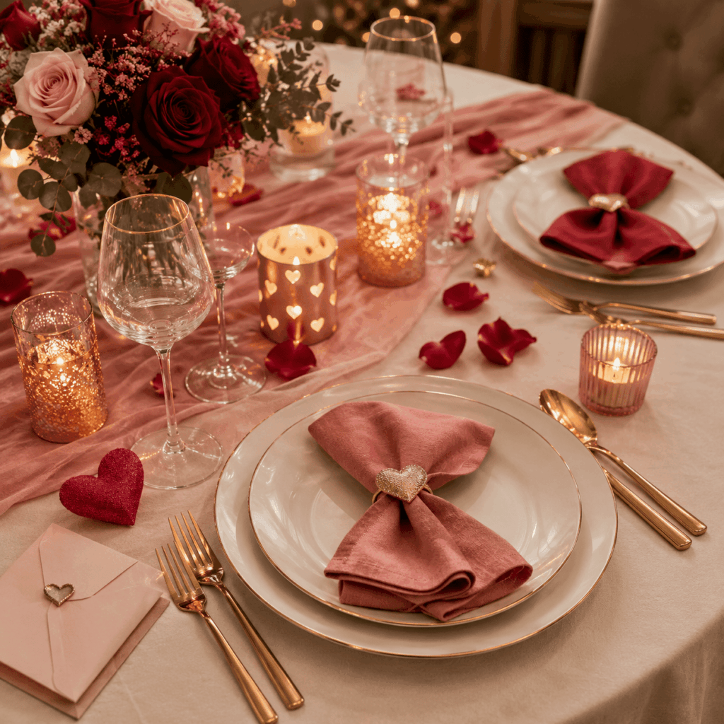 Table romantique dressée pour la Saint-Valentin avec assiettes blanches à liseré doré, serviettes roses et rouges, bougies, verres élégants, roses, pétales et petits détails décoratifs dans une ambiance chaleureuse.