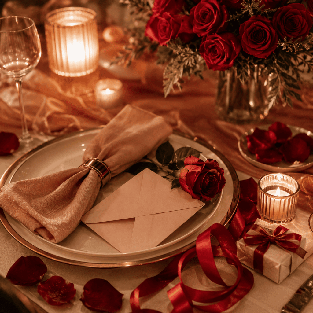 Détail raffiné d’une table Saint-Valentin avec une enveloppe posée près de l’assiette, une rose rouge, des pétales, une bougie LED, un ruban rouge et un petit cadeau, pour évoquer une décoration romantique pensée comme une attention ou une déclaration.
