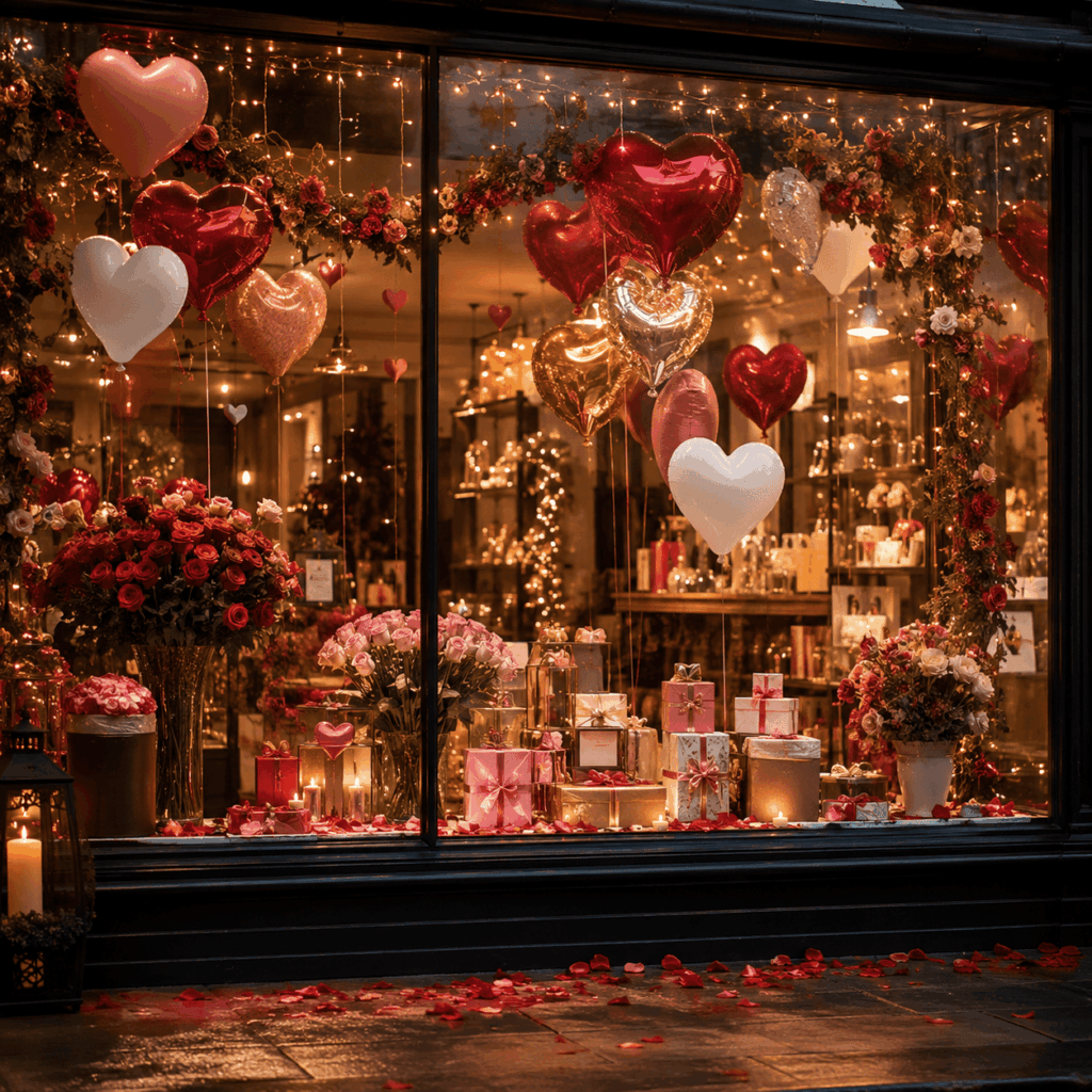 Vitrine de boutique élégamment décorée pour la Saint-Valentin, vue depuis la rue, avec des ballons cœur rouges, roses, blancs et dorés, des fleurs, des pétales de rose, des petits cadeaux emballés, des guirlandes lumineuses chaudes et une mise en scène romantique pensée pour attirer le regard des passants.