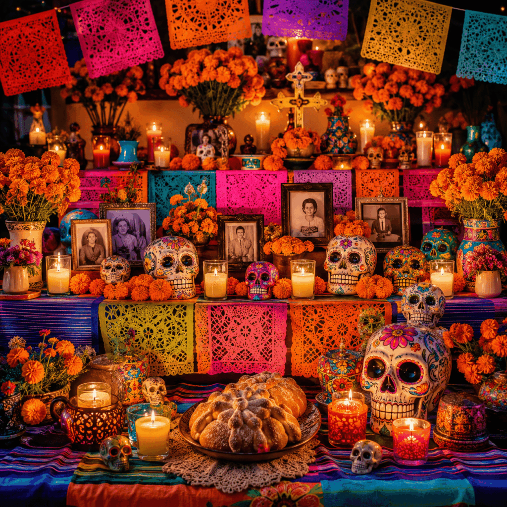 Autel traditionnel du Día de Muertos au Mexique avec fleurs de cempasúchil, bougies, papel picado coloré, calaveras décoratives, pan de muerto et photos de famille dans une ambiance festive, lumineuse et respectueuse.