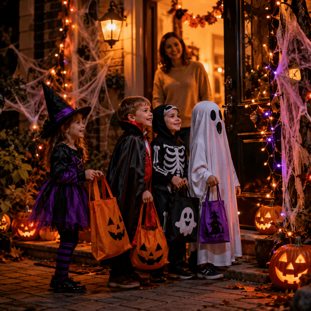 Enfants déguisés en sorcière, vampire, squelette et fantôme devant une porte décorée pour Halloween, avec sacs à bonbons, citrouilles lumineuses, guirlandes, fausses toiles d’araignée et adulte rassurant en arrière-plan.