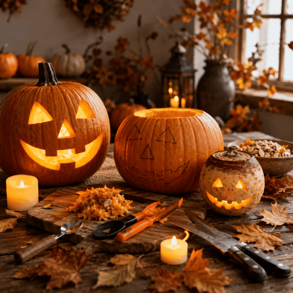 Table d’atelier Halloween avec citrouille sculptée lumineuse, citrouille en cours de décoration, bougie LED, feuilles d’automne, outils sécurisés et petite lanterne sculptée dans un navet pour rappeler l’origine des lanternes d’Halloween.
