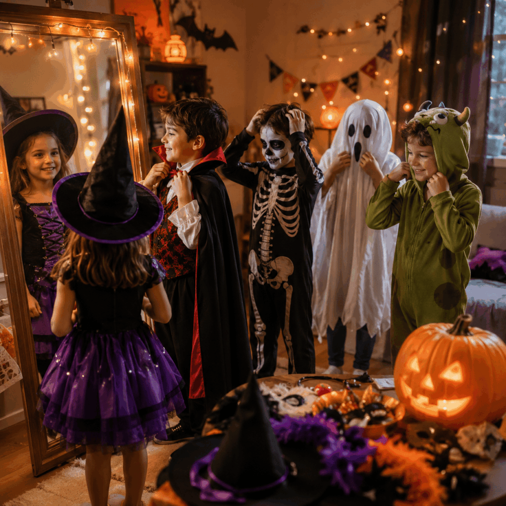Enfants déguisés en sorcière, vampire, squelette, fantôme et monstre gentil devant un miroir, avec citrouille lumineuse, bonbons et accessoires Halloween dans une ambiance joyeuse et familiale.