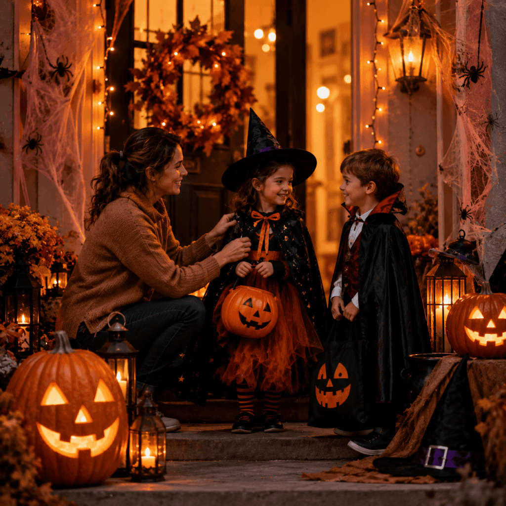 Adulte aidant deux enfants déguisés en sorcière et vampire devant une porte décorée pour Halloween, avec citrouilles lumineuses, guirlandes, lanternes, toiles d’araignée, sacs à bonbons et ambiance familiale chaleureuse.
