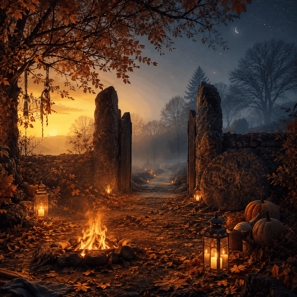 Scène automnale mystérieuse illustrant les origines d’Halloween, Samhain et la Toussaint, avec feu de veillée, lanternes, feuilles mortes, brume douce et chemin symbolique entre lumière chaude et nuit bleutée.