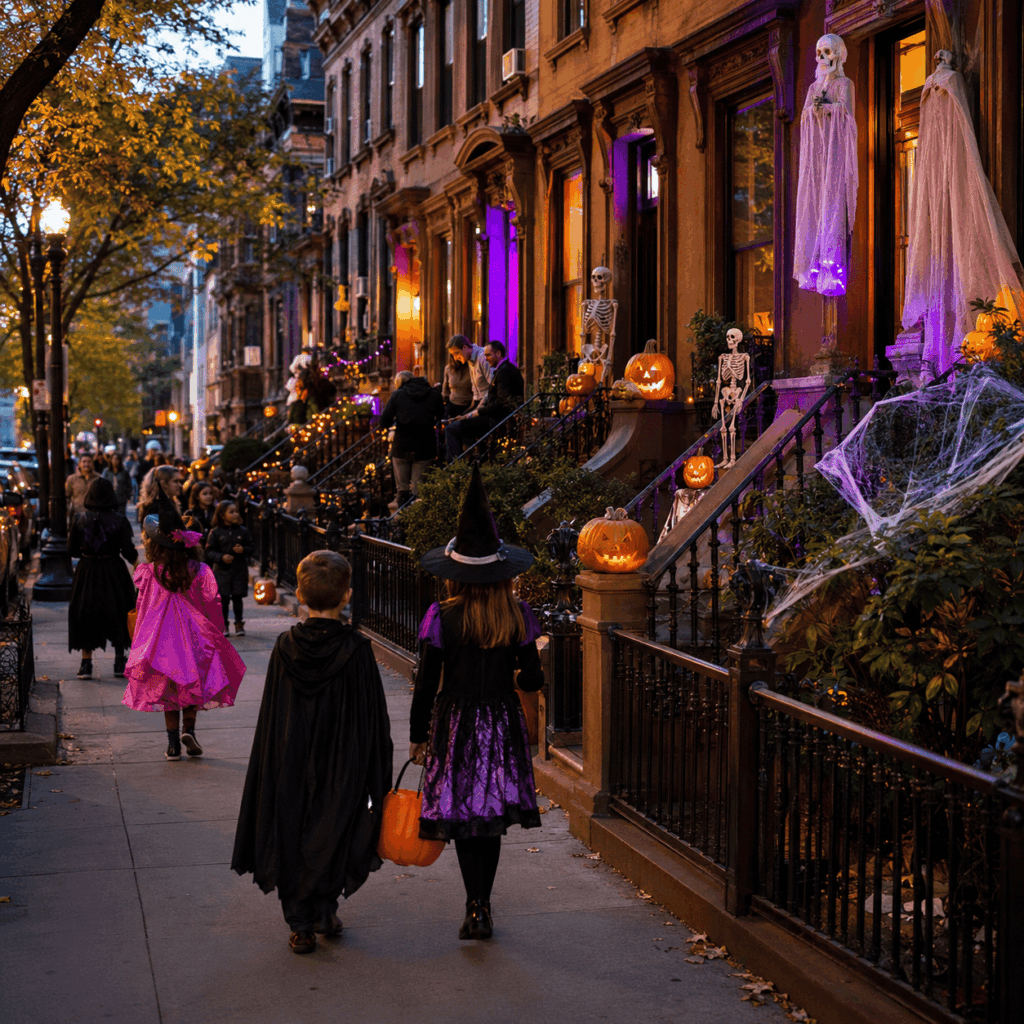 Rue résidentielle de New York décorée pour Halloween avec maisons en brownstone, citrouilles lumineuses, squelettes, toiles d’araignée, lumières orange et violettes, et enfants déguisés faisant la chasse aux bonbons sur le trottoir.