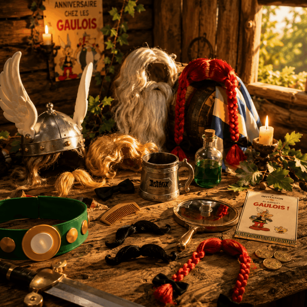Casques gaulois, perruques, barbes, moustaches, ceinture, épée et accessoires inspirés de l’univers d’Astérix et Obélix sont disposés sur une table en bois dans une hutte gauloise, pour préparer un déguisement complet.