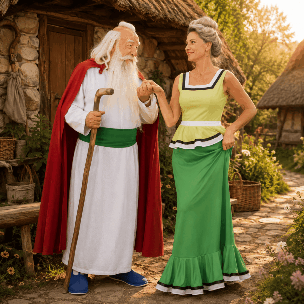 Un couple de Gaulois âgés pose devant une authentique hutte au toit de chaume. Agecanonix tient galamment la main de Madame Agecanonix, vêtue d'une élégante robe verte et coiffée d'un chignon gris. Autour d'eux, des fleurs sauvages, un banc en bois et des paniers en osier créent une ambiance chaleureuse et pleine de tendresse, baignée par la lumière dorée de la fin de journée.