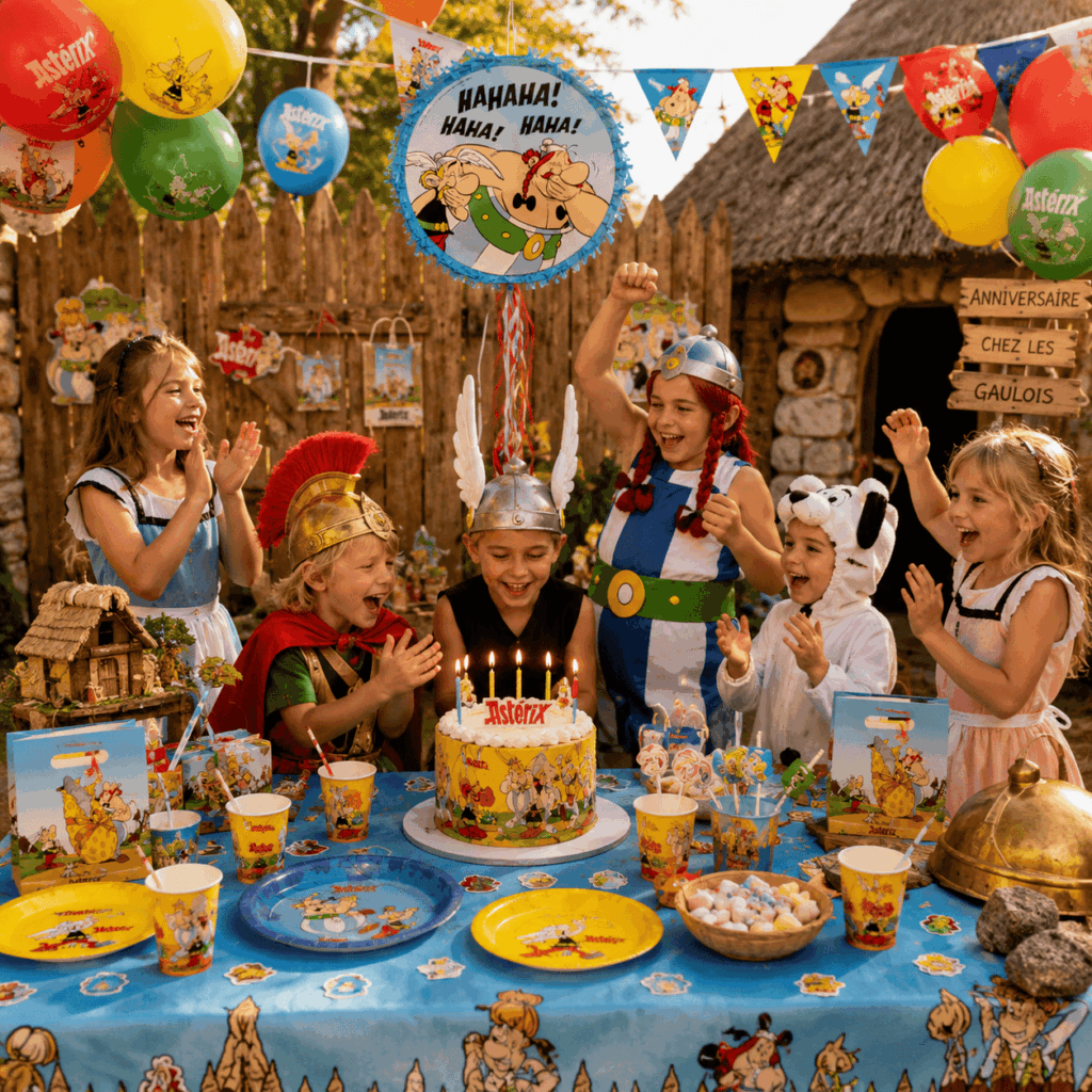 Enfants déguisés en personnages inspirés d’Astérix et Obélix autour d’une table d’anniversaire décorée avec vaisselle, ballons, gâteau et accessoires gaulois.