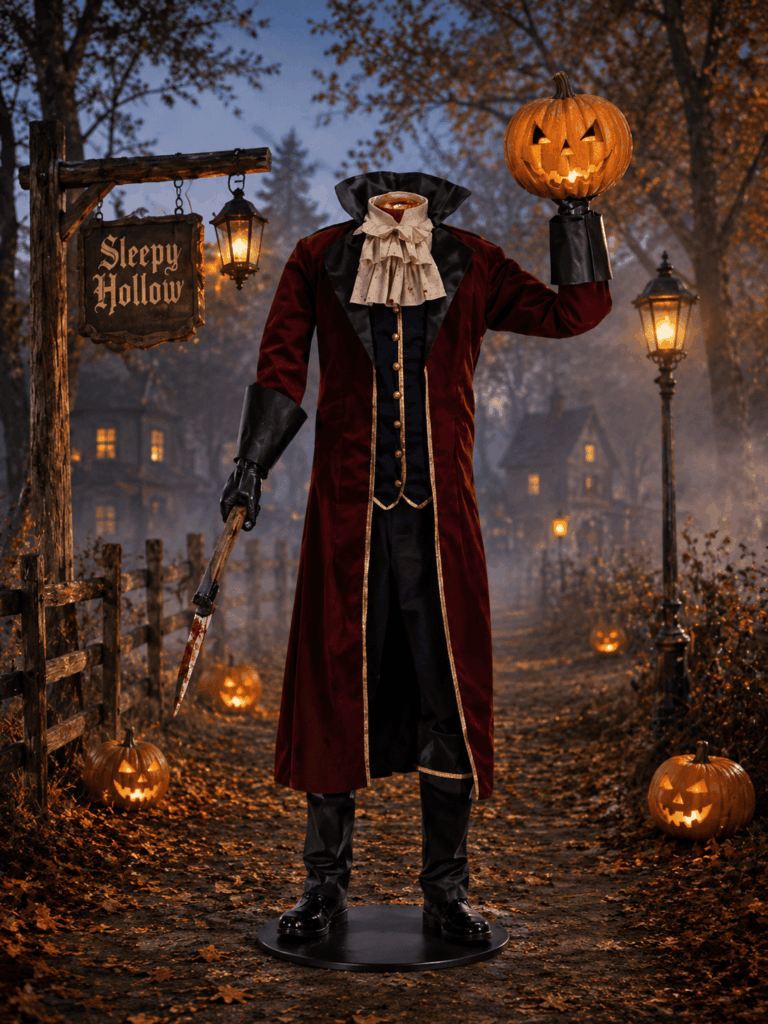 Automate Halloween représentant un Cavalier sans tête géant tenant une citrouille lumineuse et une arme factice, installé dans une allée automnale bordée de lanternes, de citrouilles sculptées et de brouillard, dans une ambiance inspirée de la légende de Sleepy Hollow.