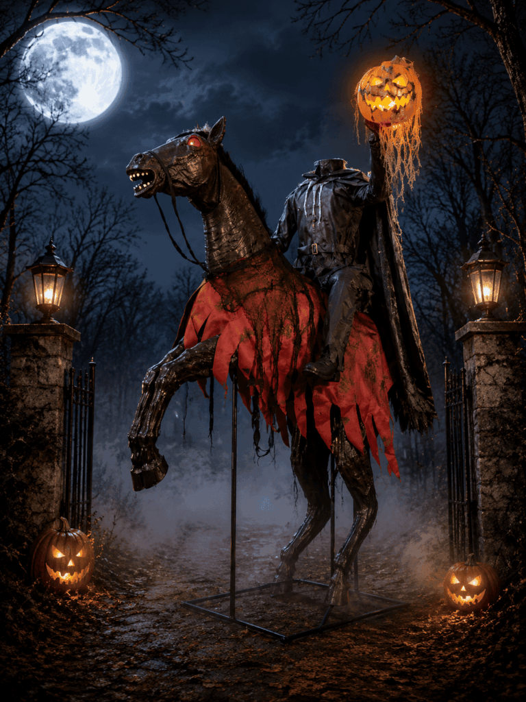 Automate Halloween géant représentant un Cavalier sans tête monté sur un cheval noir cabré, brandissant une citrouille lumineuse. La scène est installée dans un décor nocturne inspiré de Sleepy Hollow avec pleine lune, lanternes anciennes, brouillard et citrouilles éclairées.