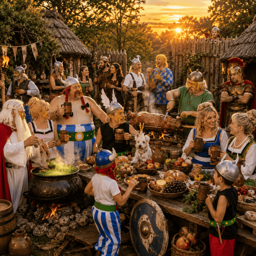 Famille de plusieurs générations portant des costumes gaulois inspirés d’Astérix et Obélix dans un village festif au coucher du soleil.
