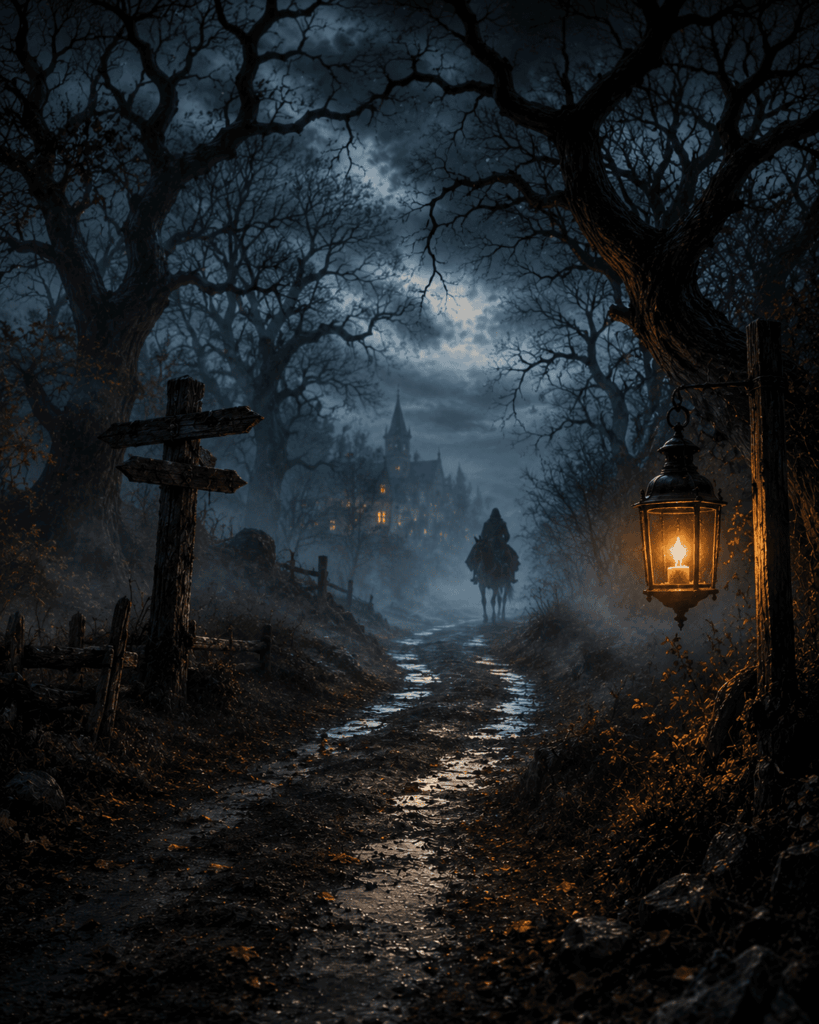 Chemin boueux traversant une forêt sombre et brumeuse à la tombée de la nuit, éclairé par une lanterne ancienne. Une silhouette de cavalier apparaît au loin devant un village gothique évoquant l'univers de Sleepy Hollow.