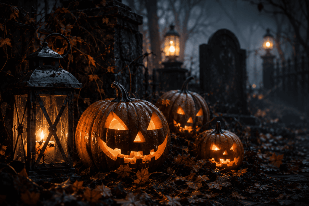 Gros plan sur plusieurs citrouilles sculptées éclairées de l’intérieur, disposées parmi des feuilles mortes à côté d’une lanterne ancienne. À l’arrière-plan, des pierres tombales et un léger brouillard créent une ambiance Halloween inspirée de Sleepy Hollow.