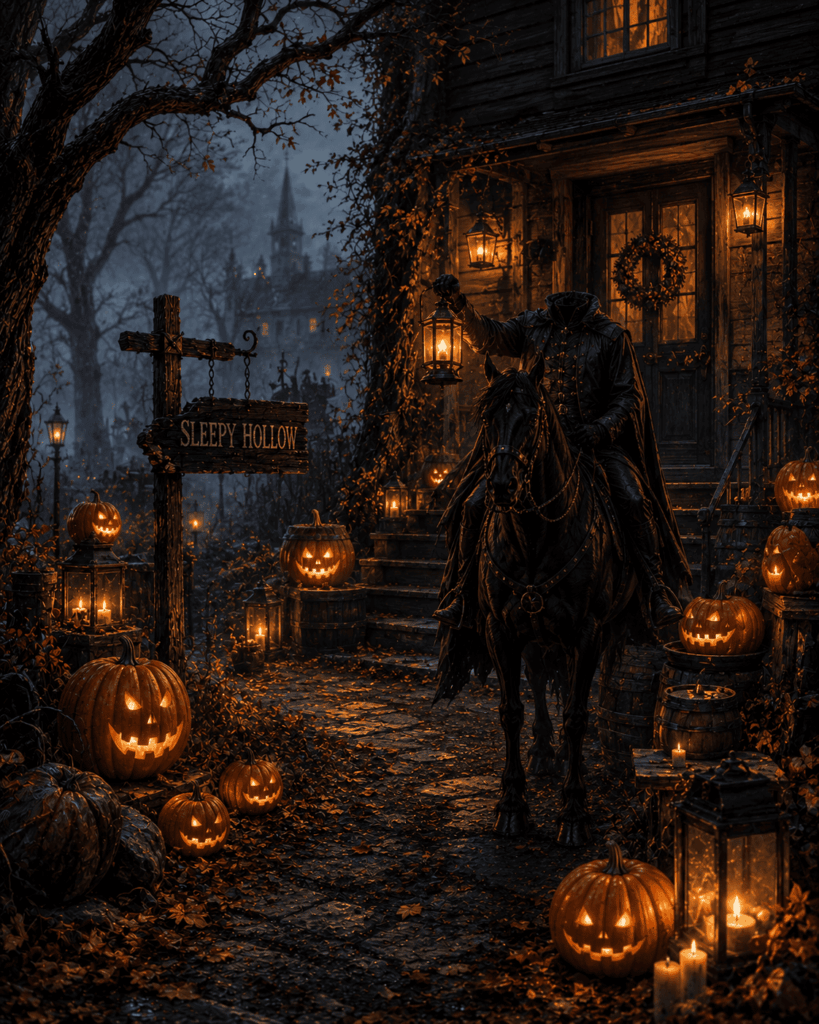 Maison décorée dans l'esprit de Sleepy Hollow avec un Cavalier sans tête sur cheval, des citrouilles lumineuses, des lanternes anciennes et une ambiance automnale brumeuse inspirée des légendes d'Halloween.