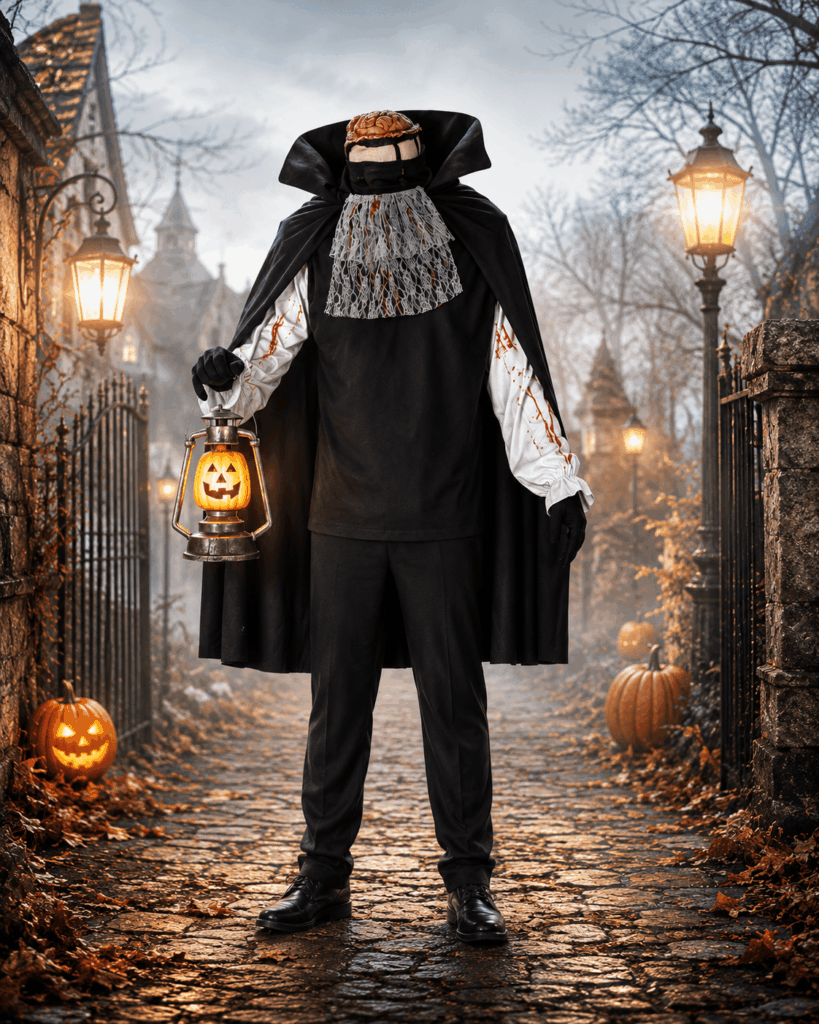 Personnage portant un déguisement de Cavalier sans tête avec cape noire, fausse tête coupée et lanterne citrouille, debout dans une allée brumeuse éclairée par des lanternes anciennes, dans une ambiance Halloween inspirée de Sleepy Hollow
