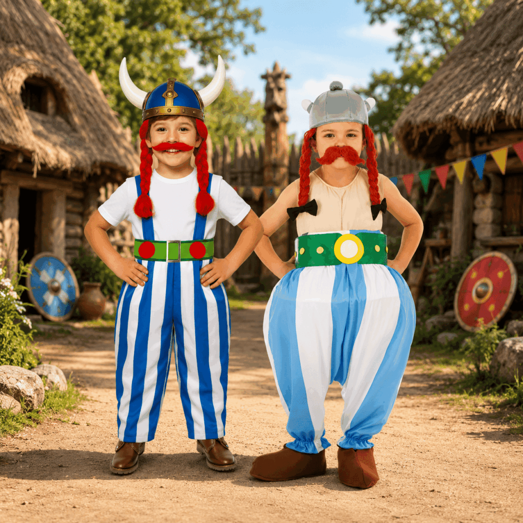 Deux enfants portent des déguisements inspirés d’Astérix et d’Obélix et posent dans un village gaulois reconstitué, illustrant les différences entre un costume officiel et une tenue gauloise pour enfant.