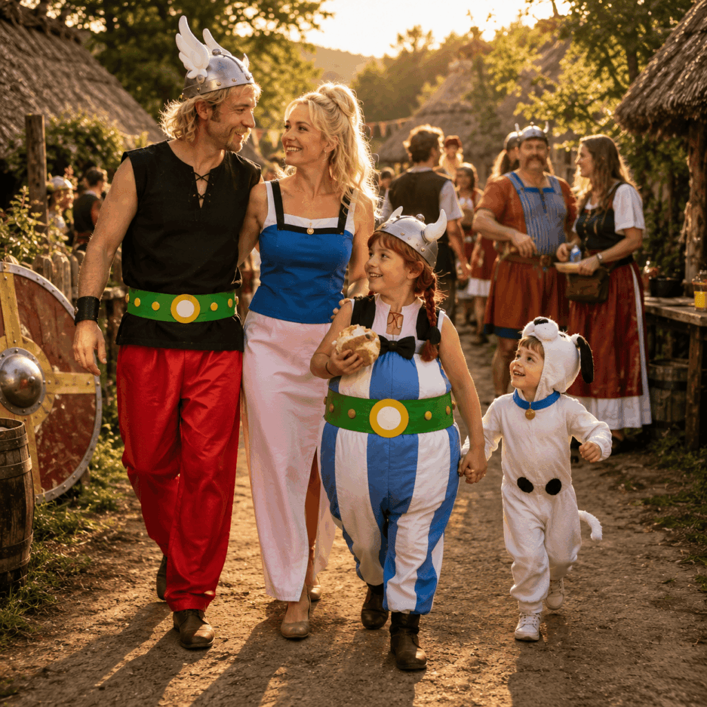 Parents et enfants portant des déguisements inspirés d’Astérix, Falbala, Obélix et Idéfix marchent dans un village gaulois en fête, illustrant une idée de costume familial pour carnaval, anniversaire ou fête à thème.