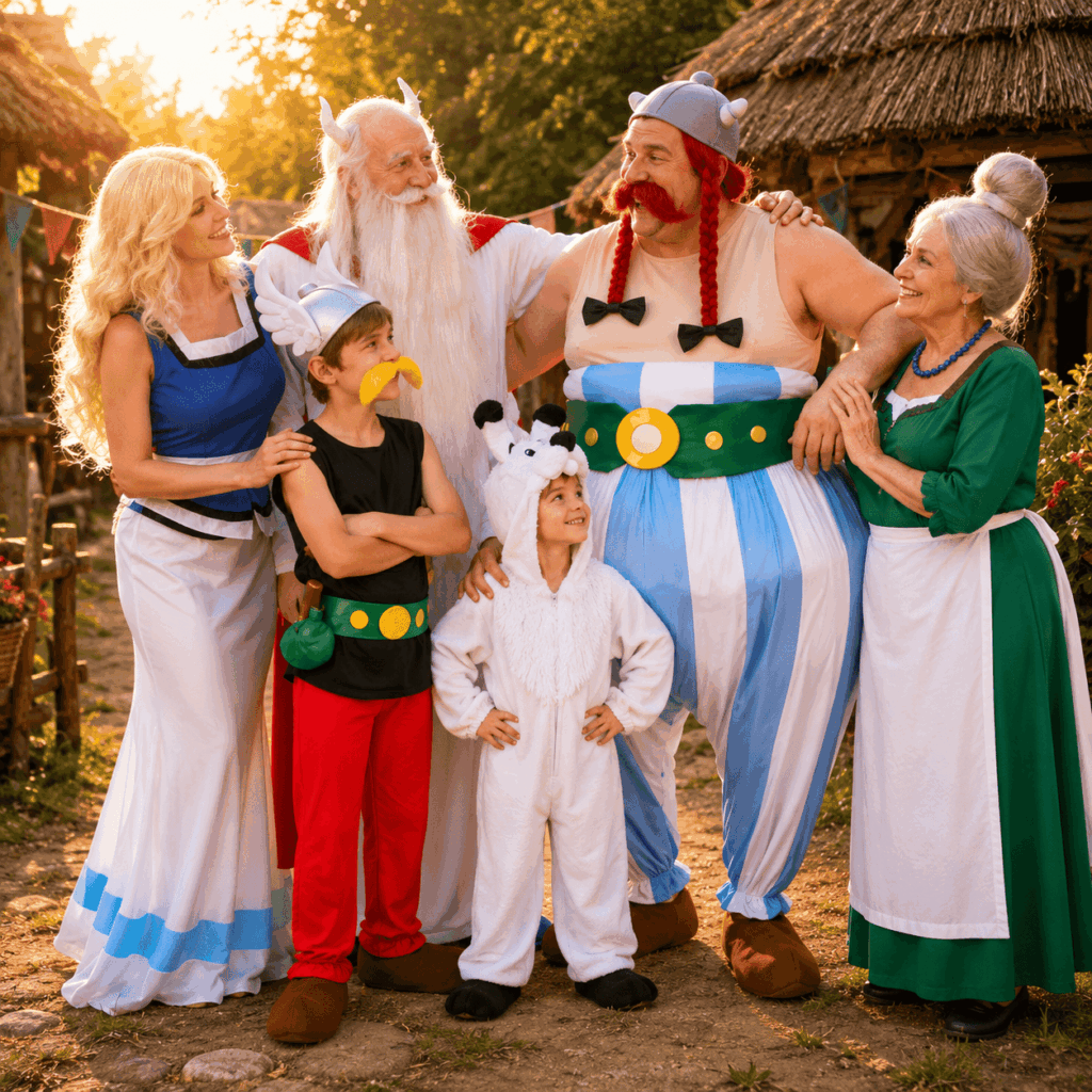 Famille de plusieurs générations portant des costumes gaulois inspirés d’Astérix et Obélix dans un village festif au coucher du soleil.