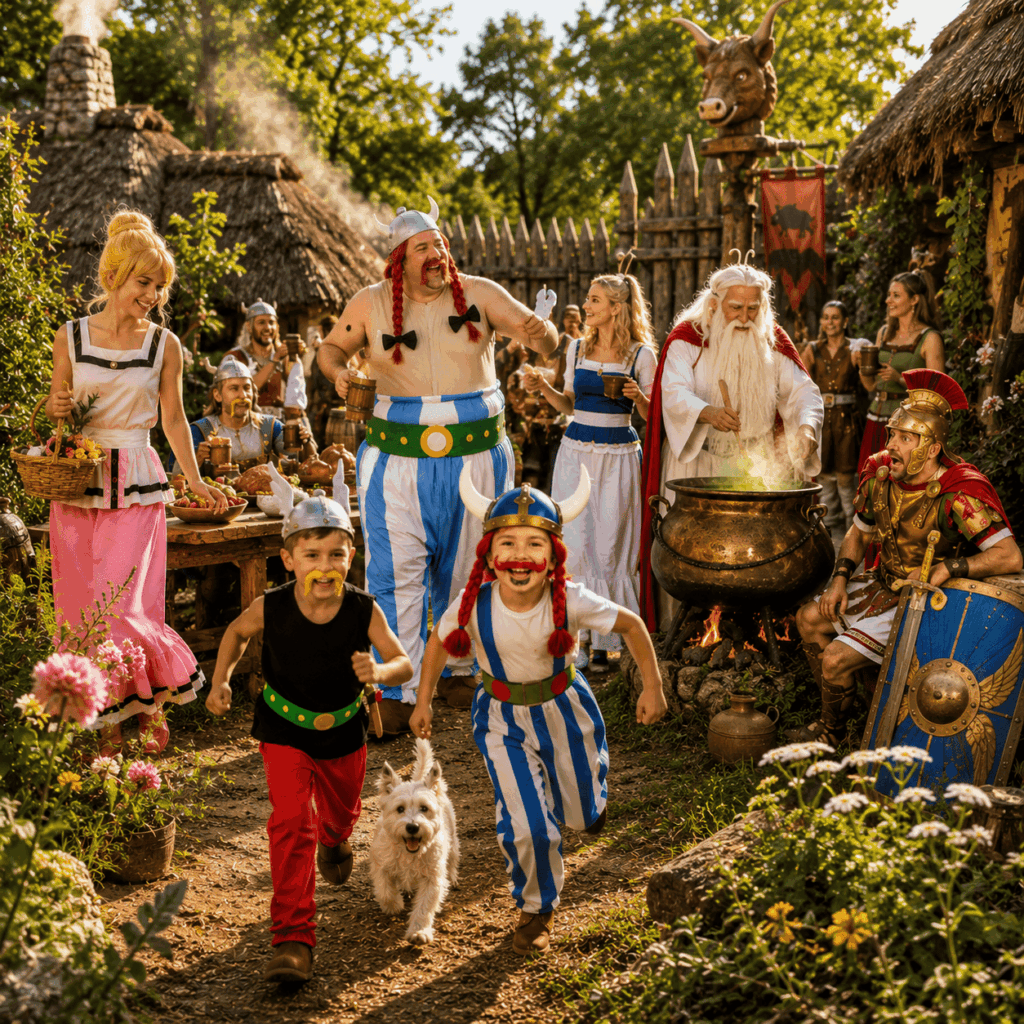Enfants et adultes déguisés en personnages inspirés d’Astérix et Obélix courent et célèbrent une fête gauloise dans un village avec banquet, chaudron et légionnaire romain.