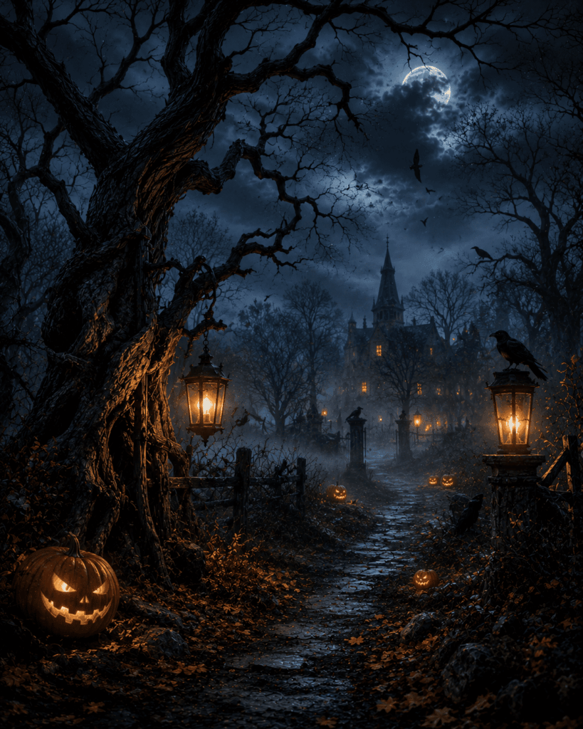 Forêt sombre aux arbres déformés et aux branches tortueuses, éclairée par des lanternes anciennes et des citrouilles lumineuses. Une légère brume enveloppe le paysage dans une ambiance gothique rappelant l'univers de Sleepy Hollow.